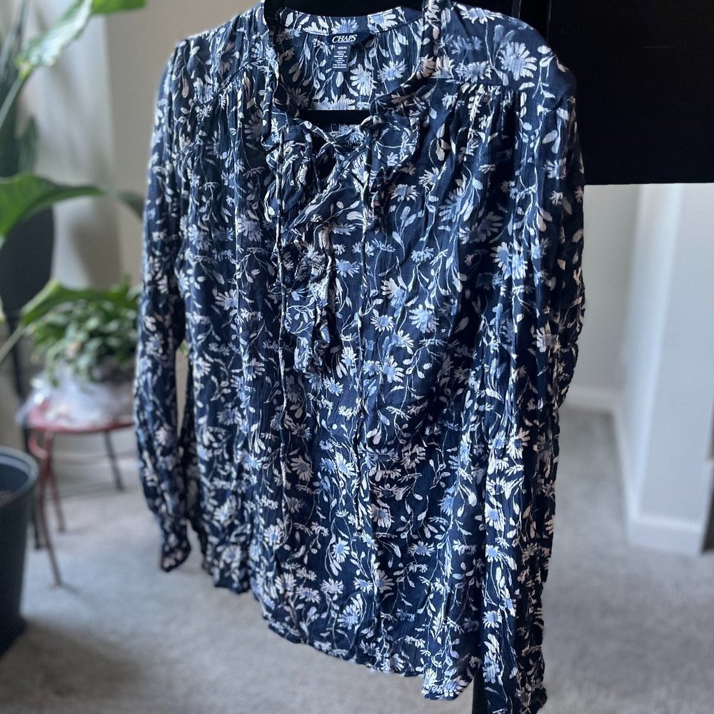Chaps Blue and White Floral Long Sleeve Blouse Size M